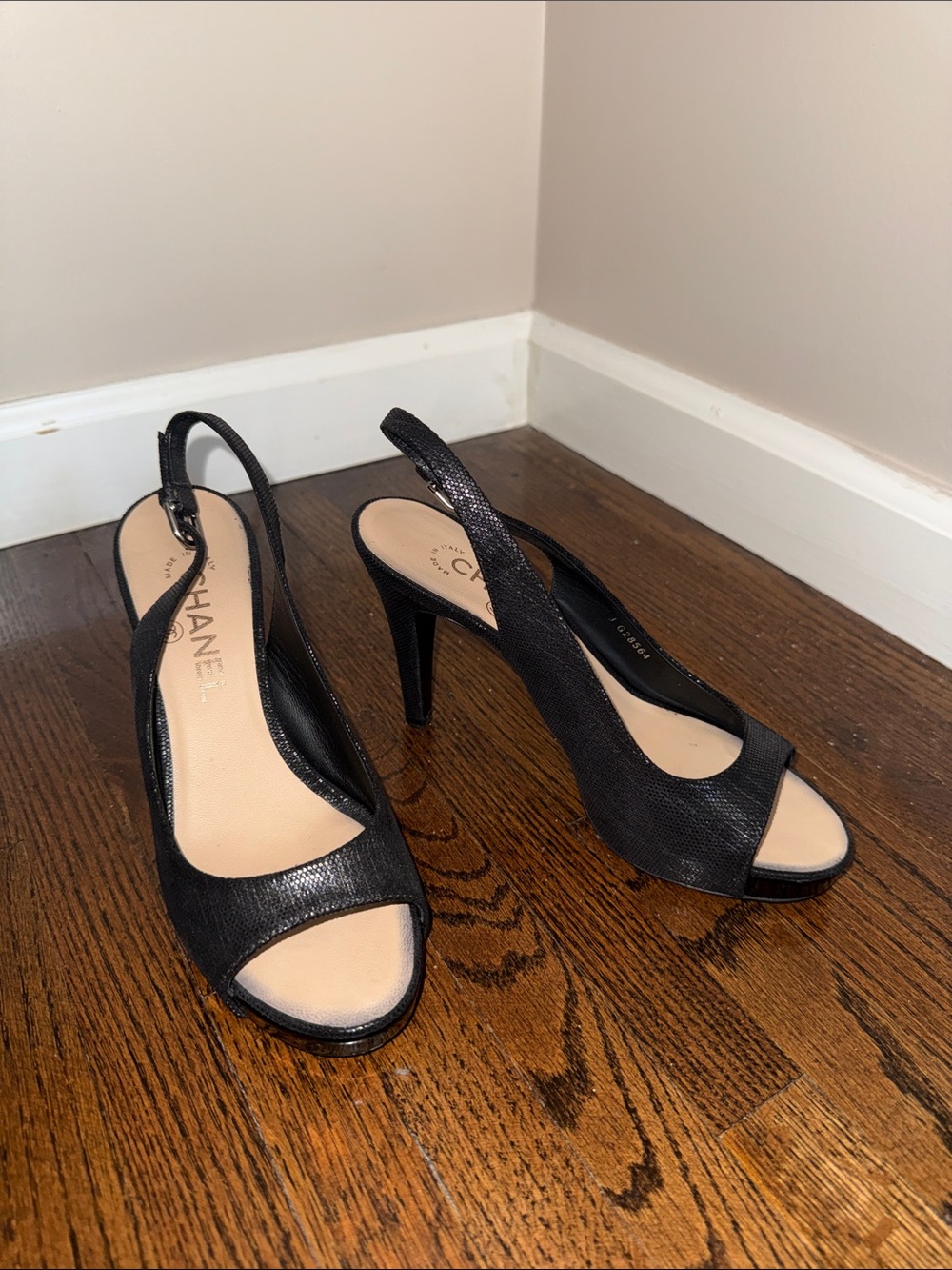 CHANEL Black Textured Slingback Peep-Toe Heels